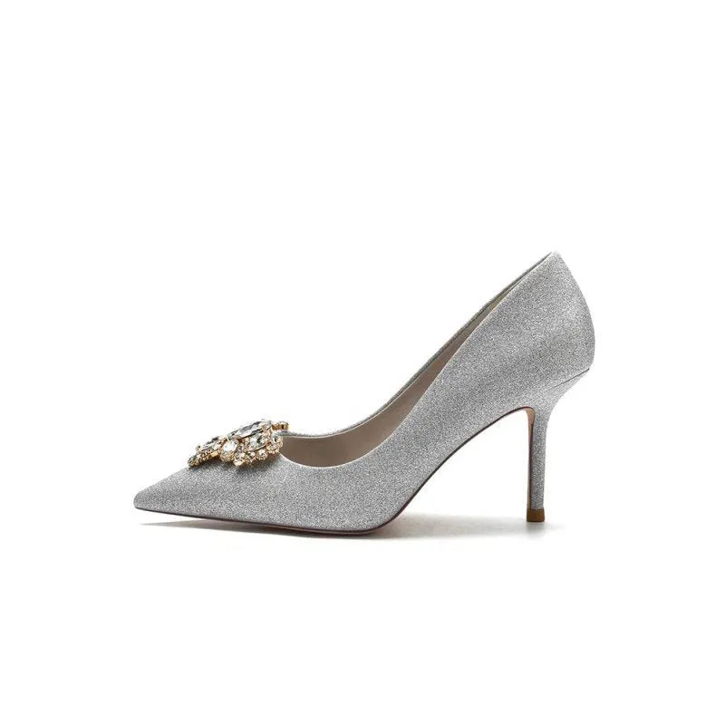 Stunning Pointed Toe Glitter High Heels With Rhinestone