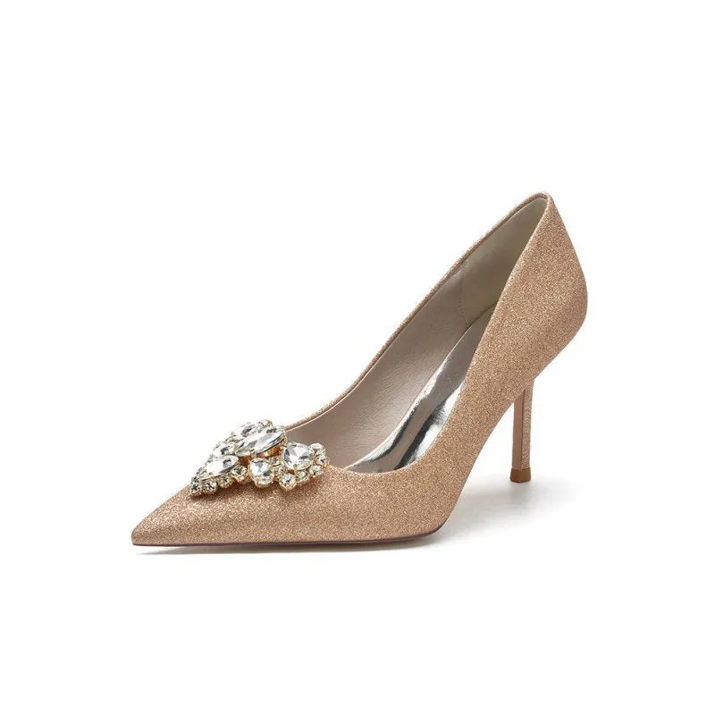 Stunning Pointed Toe Glitter High Heels With Rhinestone