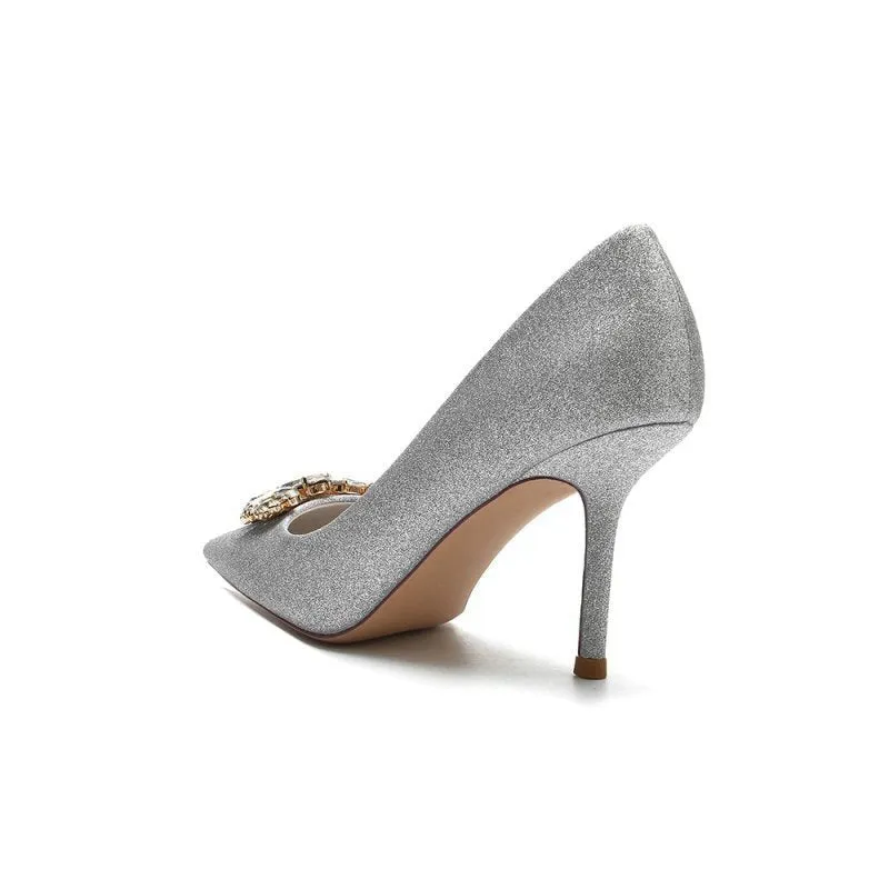 Stunning Pointed Toe Glitter High Heels With Rhinestone