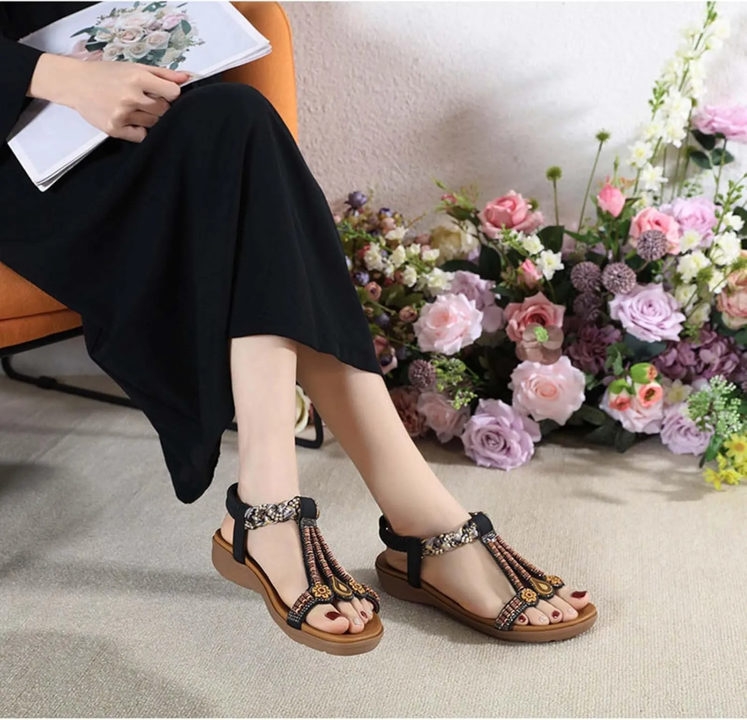 Stylish Women's Beaded T-Strap Sandals Summer Vintage Boho Sandal Casual Beach Flats with Elastic Sling Back
