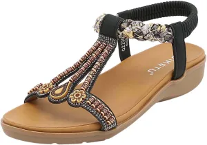 Stylish Women's Beaded T-Strap Sandals Summer Vintage Boho Sandal Casual Beach Flats with Elastic Sling Back