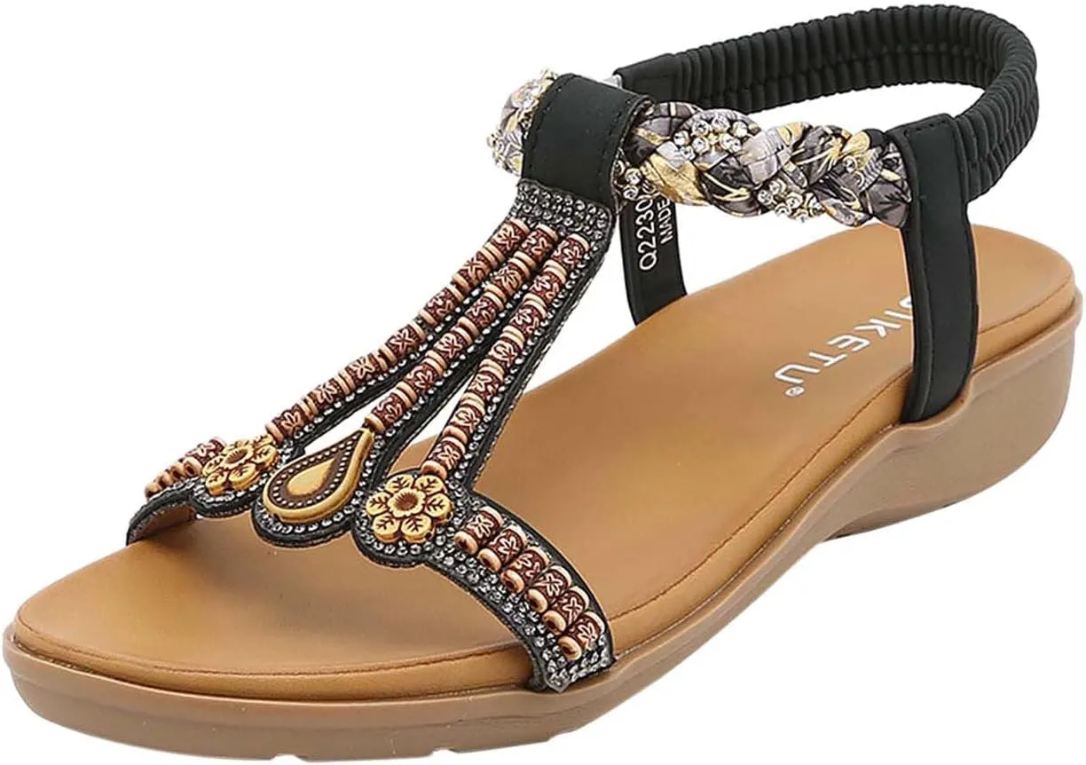 Stylish Women's Beaded T-Strap Sandals Summer Vintage Boho Sandal Casual Beach Flats with Elastic Sling Back