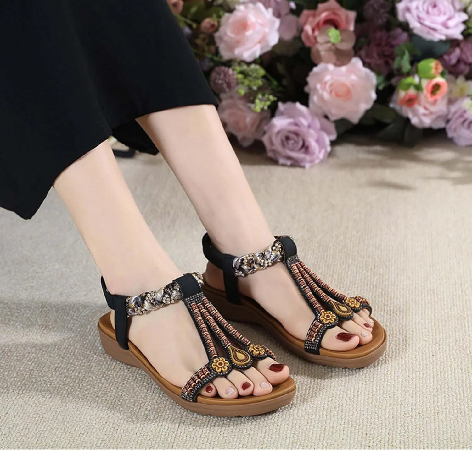 Stylish Women's Beaded T-Strap Sandals Summer Vintage Boho Sandal Casual Beach Flats with Elastic Sling Back