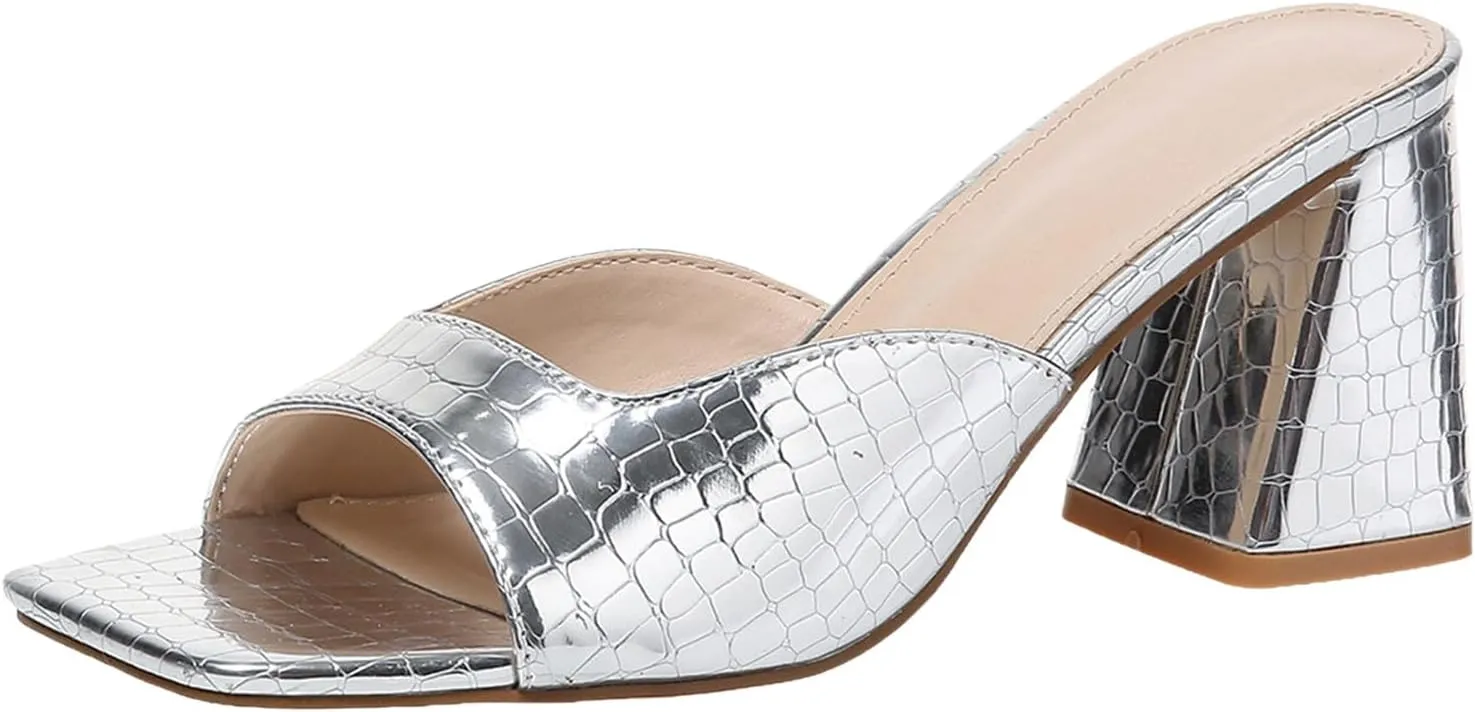 SuanlaTDS Chunky Block Heel Summer Sandals for Women Dressy 2025 Square Open Toe Slip-on Slide Slippers High Heels Dress Shoes Comfortable Casual Heeled Sanddal Mules Backless Pumps