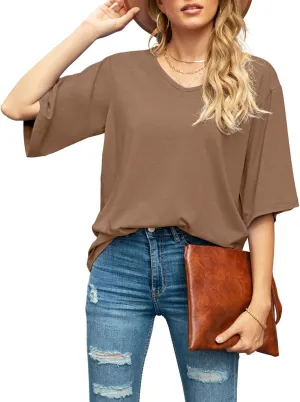 SUEANI Women's Blouse Tops Loose V Neck 3/4 Bell Sleeve Shirt