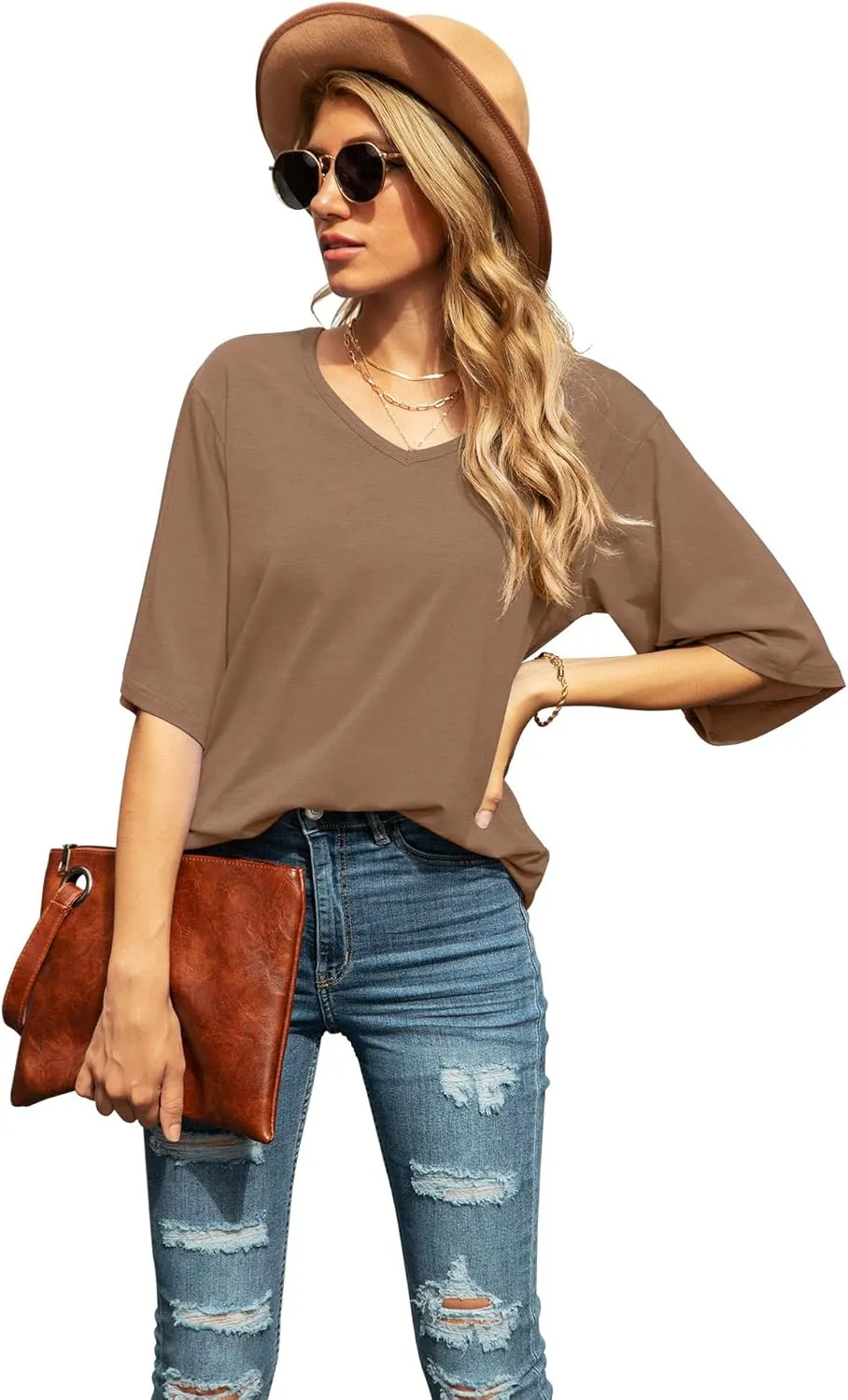 SUEANI Women's Blouse Tops Loose V Neck 3/4 Bell Sleeve Shirt