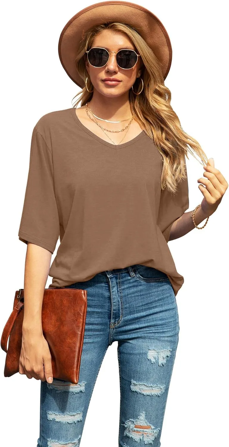 SUEANI Women's Blouse Tops Loose V Neck 3/4 Bell Sleeve Shirt