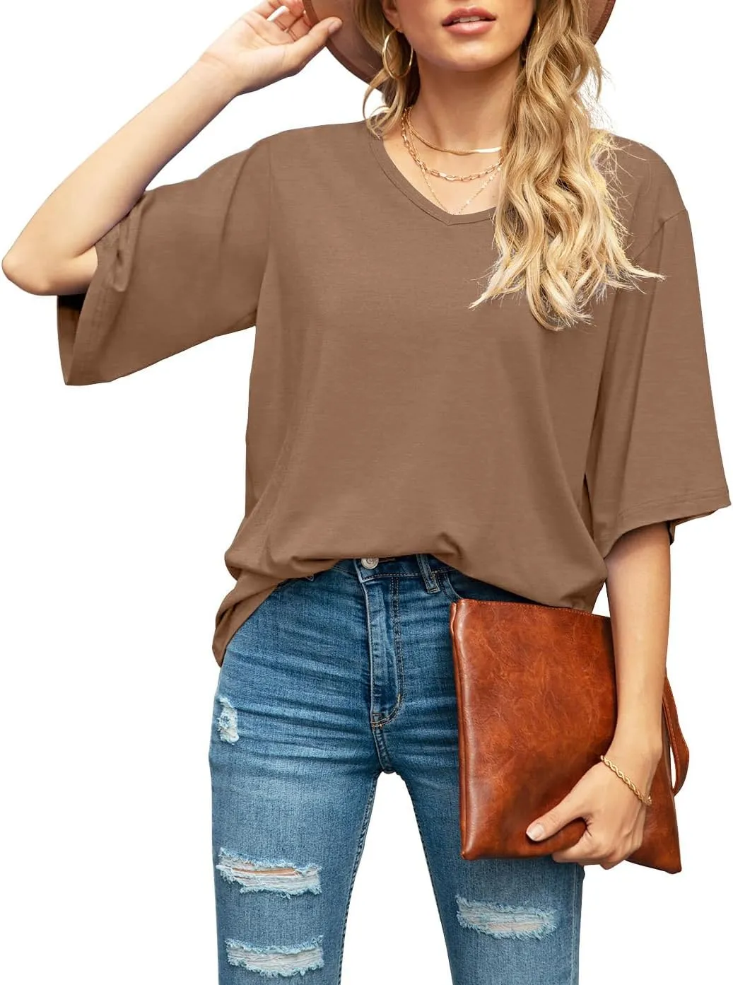 SUEANI Women's Blouse Tops Loose V Neck 3/4 Bell Sleeve Shirt