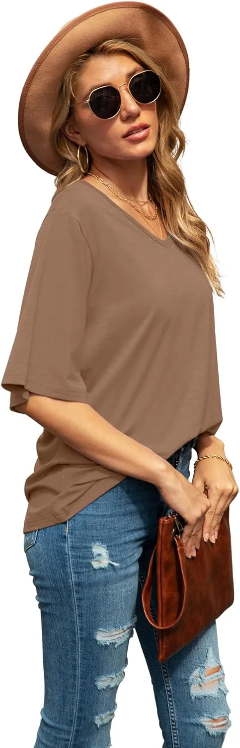 SUEANI Women's Blouse Tops Loose V Neck 3/4 Bell Sleeve Shirt