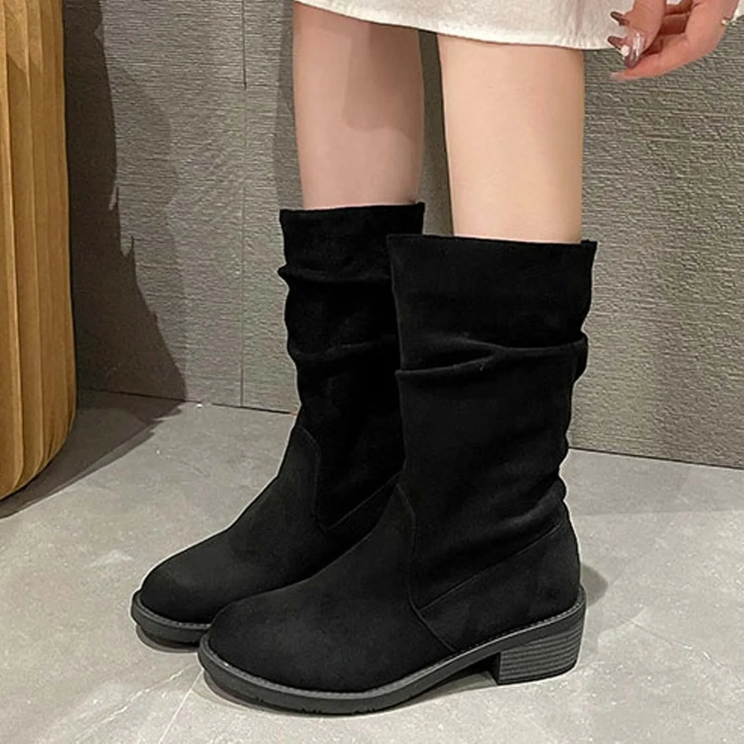 Suede Boots for Women Mid Calf Fashion Chunky Heel Round Toe Pleated Slip on Block Low Heel Boots 2022 Fall Winter Solid Casual Comfy Ladies Shoes