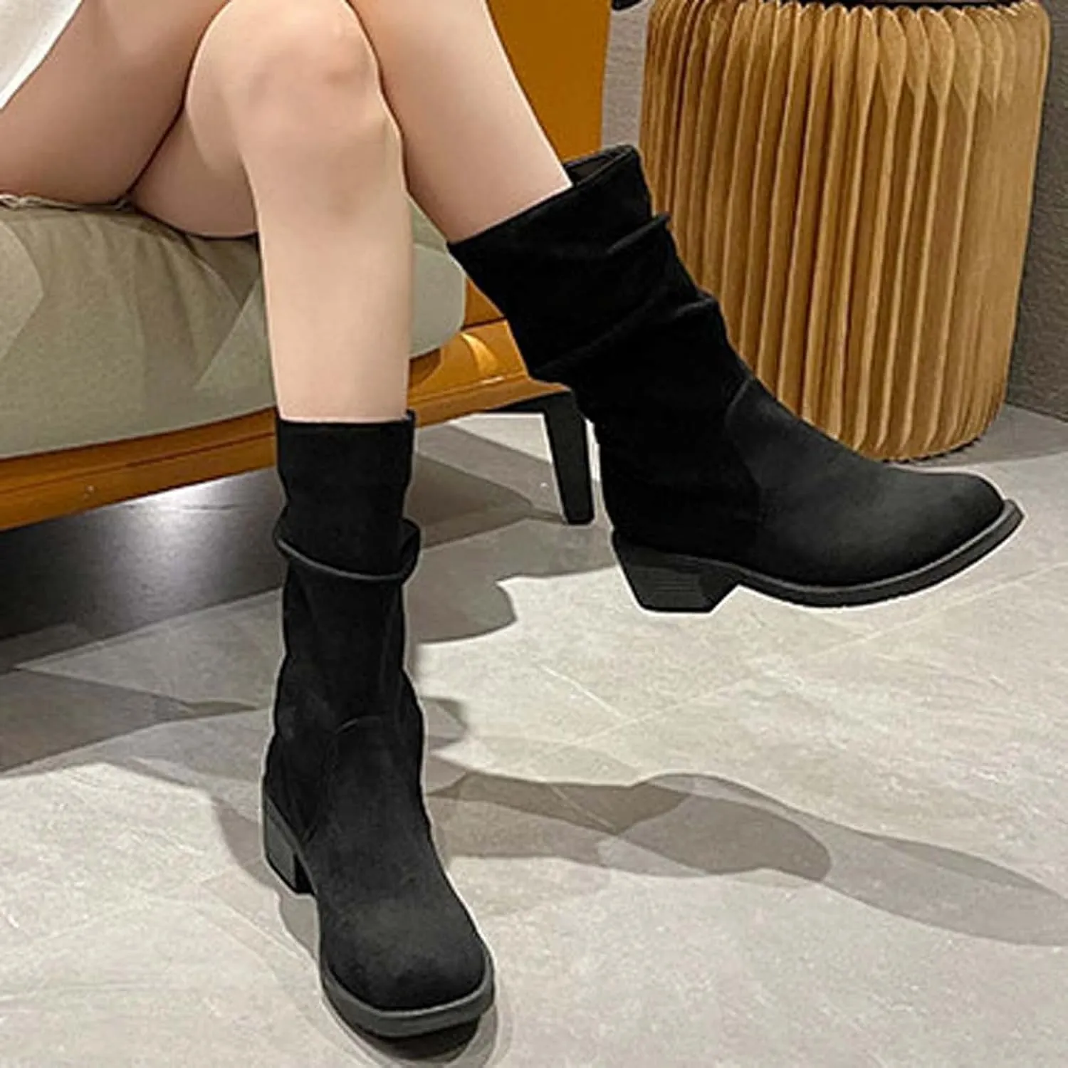 Suede Boots for Women Mid Calf Fashion Chunky Heel Round Toe Pleated Slip on Block Low Heel Boots 2022 Fall Winter Solid Casual Comfy Ladies Shoes