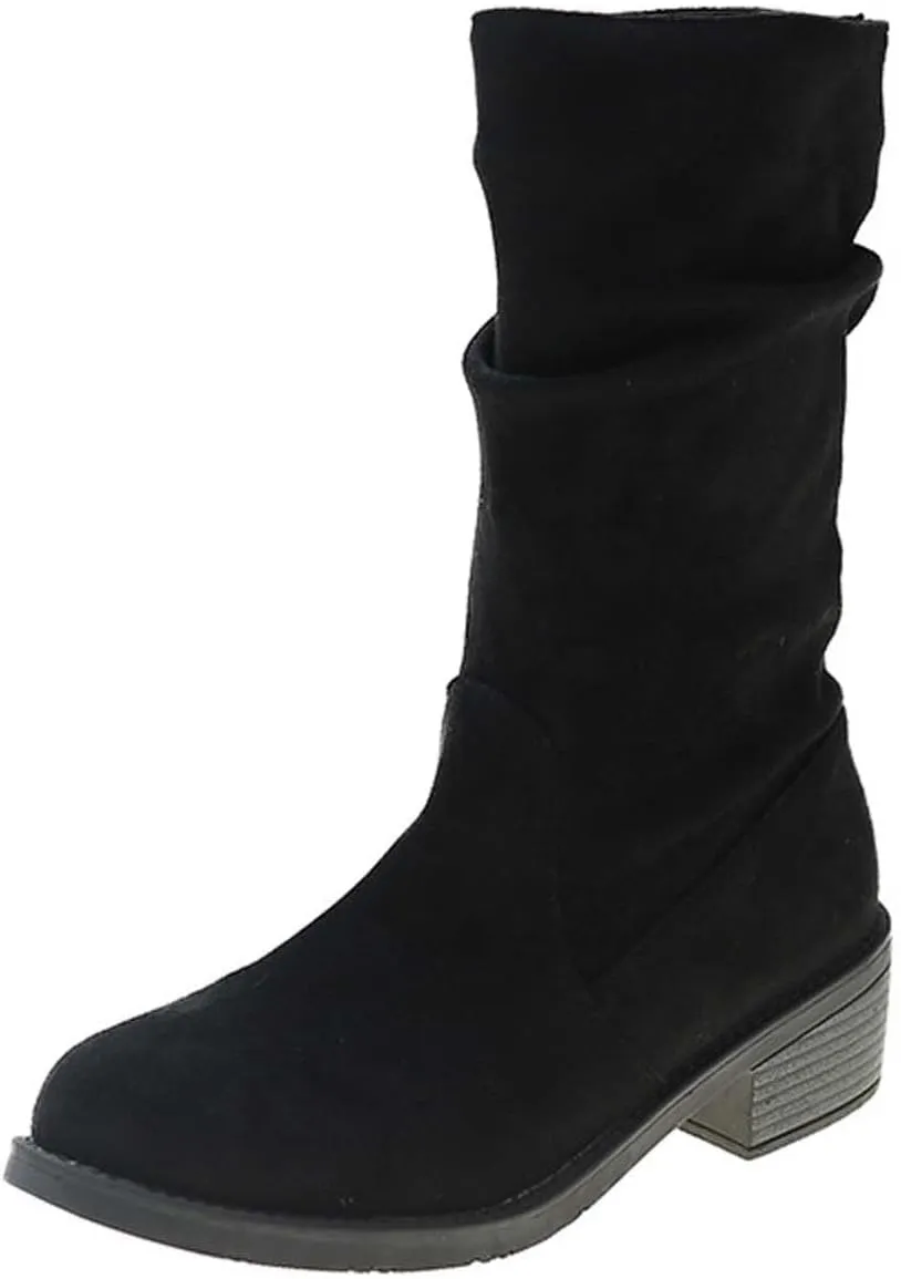 Suede Boots for Women Mid Calf Fashion Chunky Heel Round Toe Pleated Slip on Block Low Heel Boots 2022 Fall Winter Solid Casual Comfy Ladies Shoes