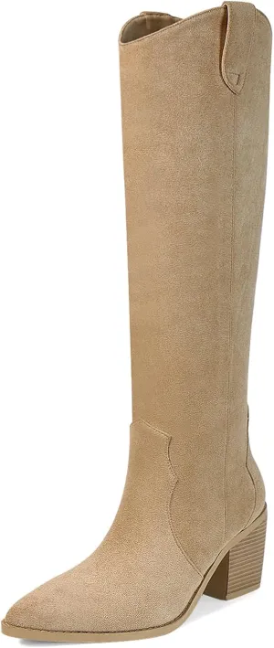 Suede Knee High Boots for Women Pointed Toe Cowboy Boots Chunky Low Heels Tall Long Boots Pull on Wide Calf Fashion Shoes