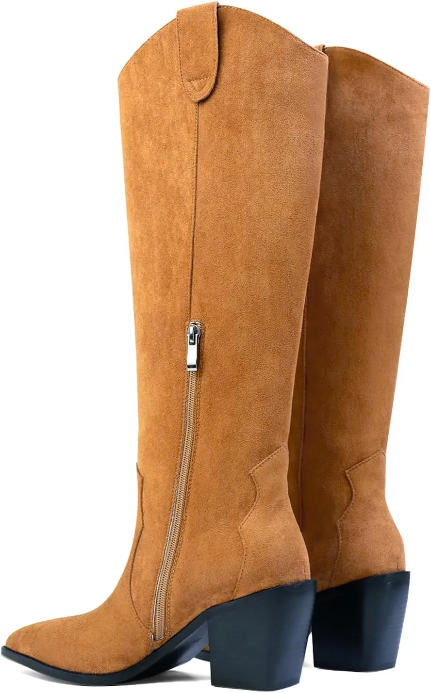 Suede Knee High Boots for Women Pointed Toe Cowboy Boots Chunky Low Heels Tall Long Boots Pull on Wide Calf Fashion Shoes