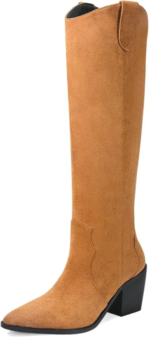 Suede Knee High Boots for Women Pointed Toe Cowboy Boots Chunky Low Heels Tall Long Boots Pull on Wide Calf Fashion Shoes
