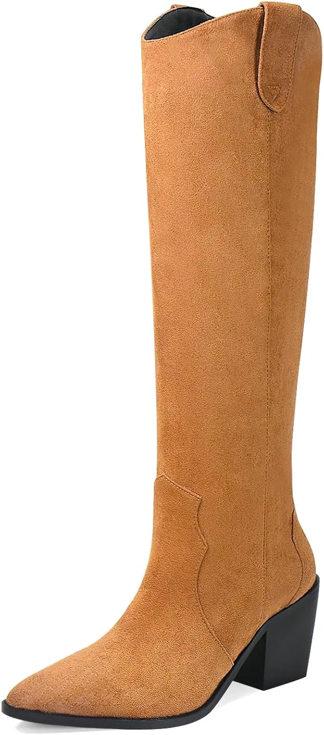 Suede Knee High Boots for Women Pointed Toe Cowboy Boots Chunky Low Heels Tall Long Boots Pull on Wide Calf Fashion Shoes
