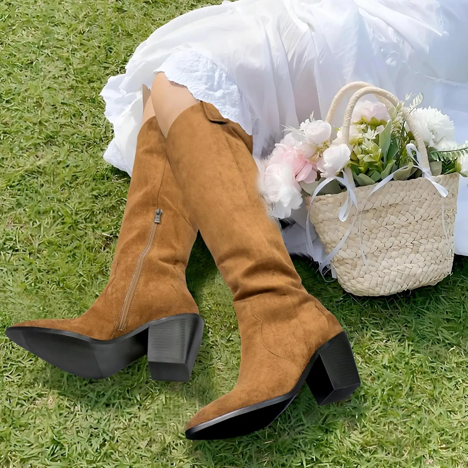 Suede Knee High Boots for Women Pointed Toe Cowboy Boots Chunky Low Heels Tall Long Boots Pull on Wide Calf Fashion Shoes