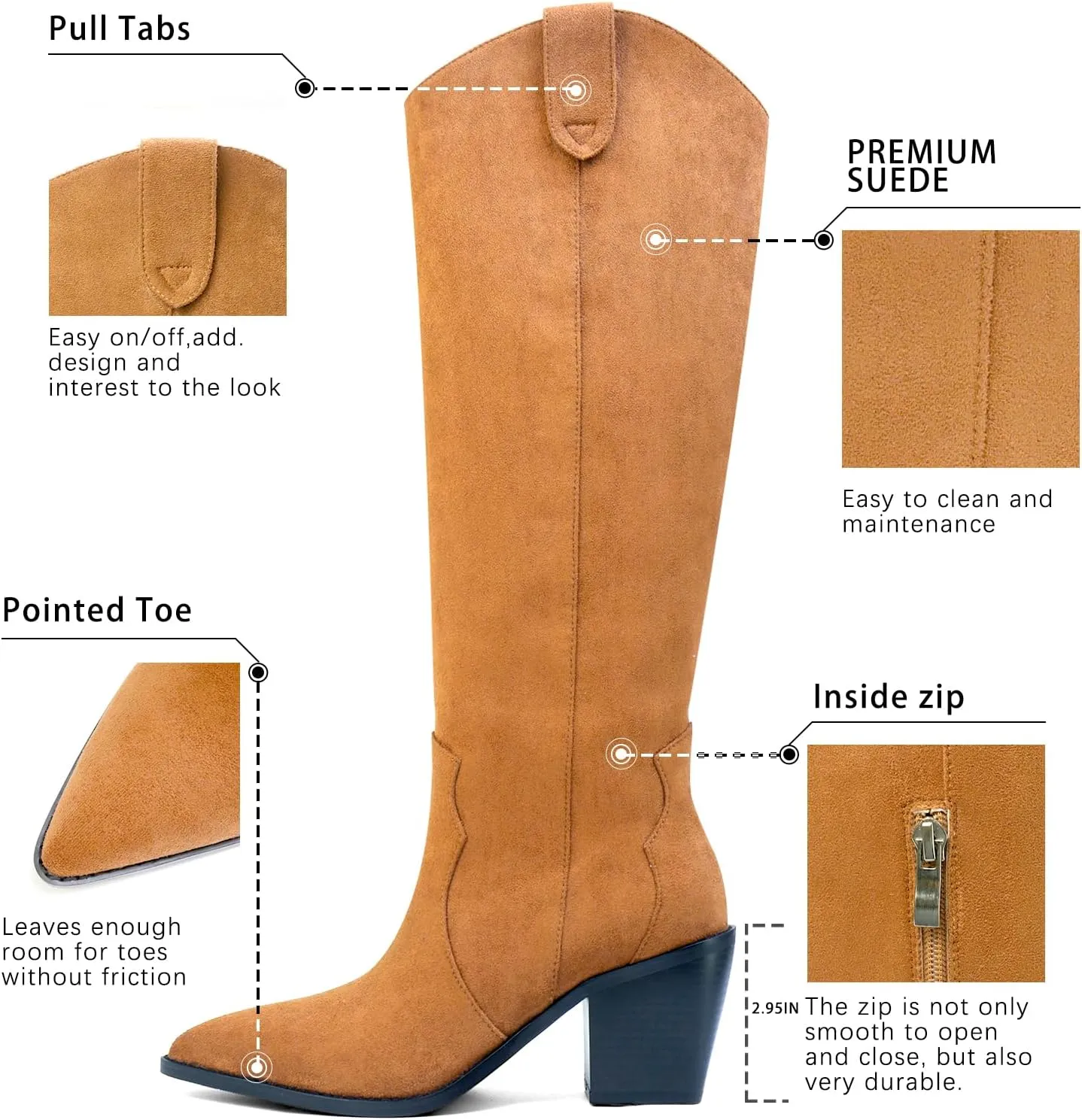 Suede Knee High Boots for Women Pointed Toe Cowboy Boots Chunky Low Heels Tall Long Boots Pull on Wide Calf Fashion Shoes