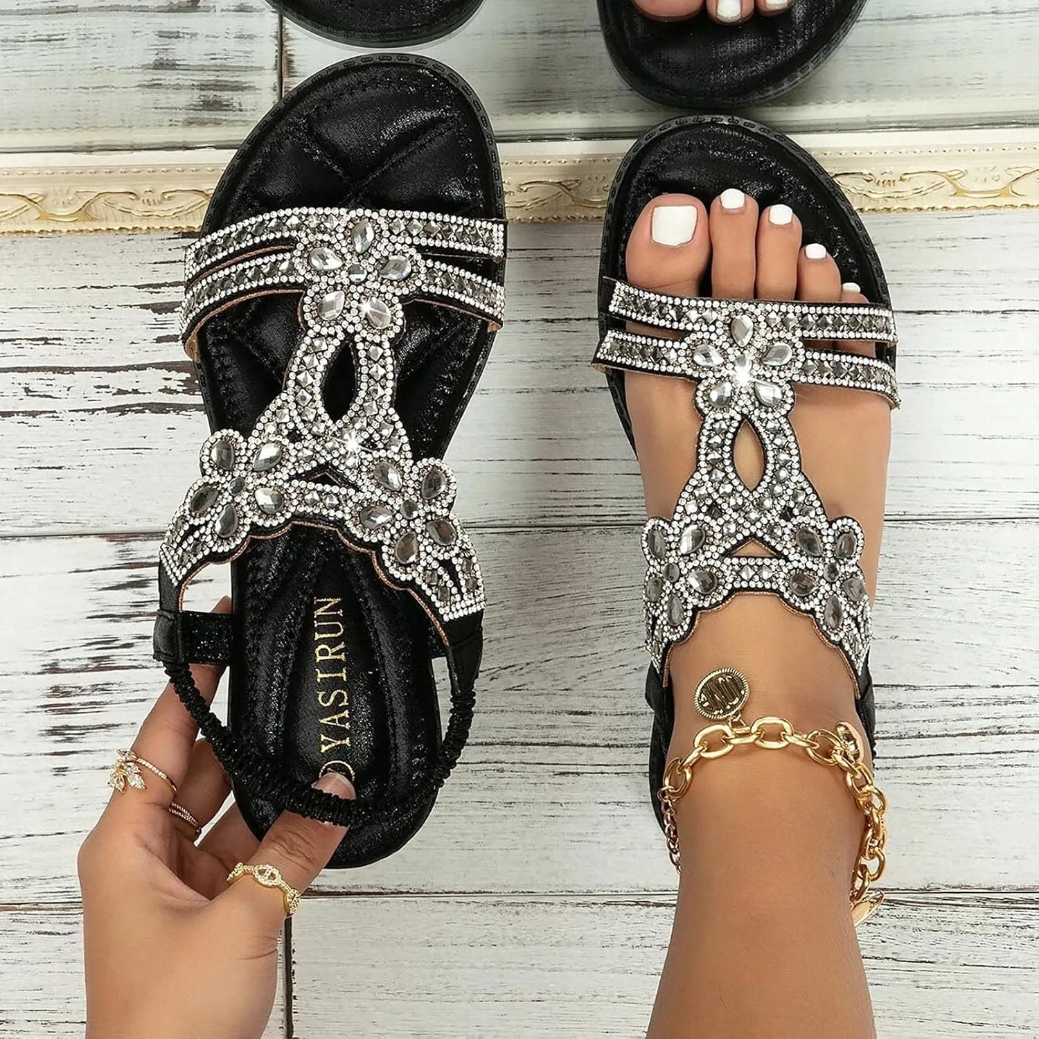 Summer Beach Sandals for Women 2025,Crystal Rhinestone Pearl Flat Sandals for Women Dressy Bling Sparkly Thong Sandals Comfortable T Strap Slip-On Shoes Casual Walking Sandals Strappy Sandals ﻿