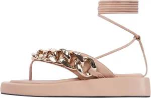 Summer Beach T-Strap Sandals Trendy Women Chain-Linked Lace Up Low Heel Wedge Flats Soft Walking Footwear