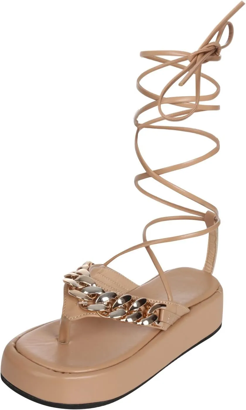 Summer Beach T-Strap Sandals Trendy Women Chain-Linked Lace Up Low Heel Wedge Flats Soft Walking Footwear