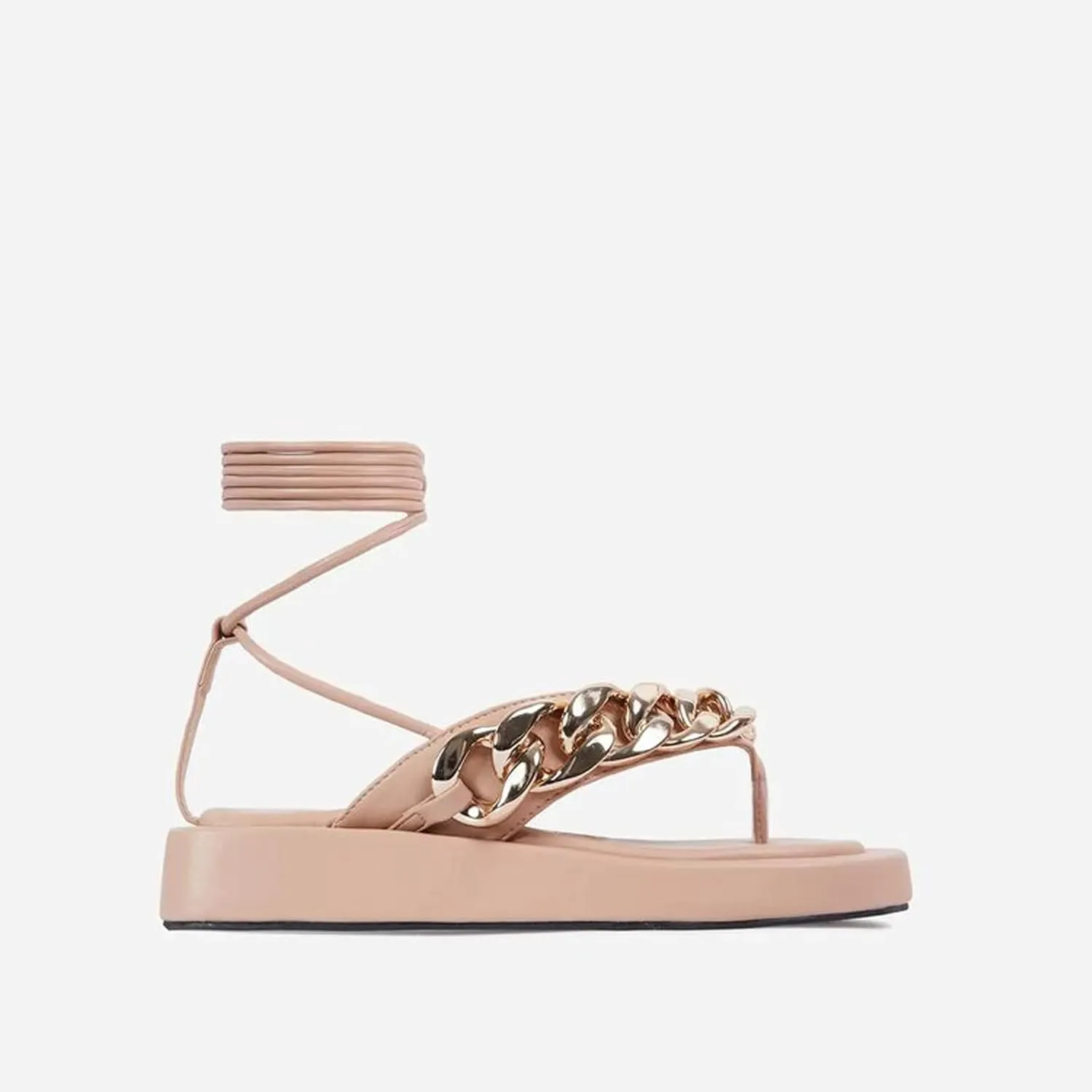 Summer Beach T-Strap Sandals Trendy Women Chain-Linked Lace Up Low Heel Wedge Flats Soft Walking Footwear