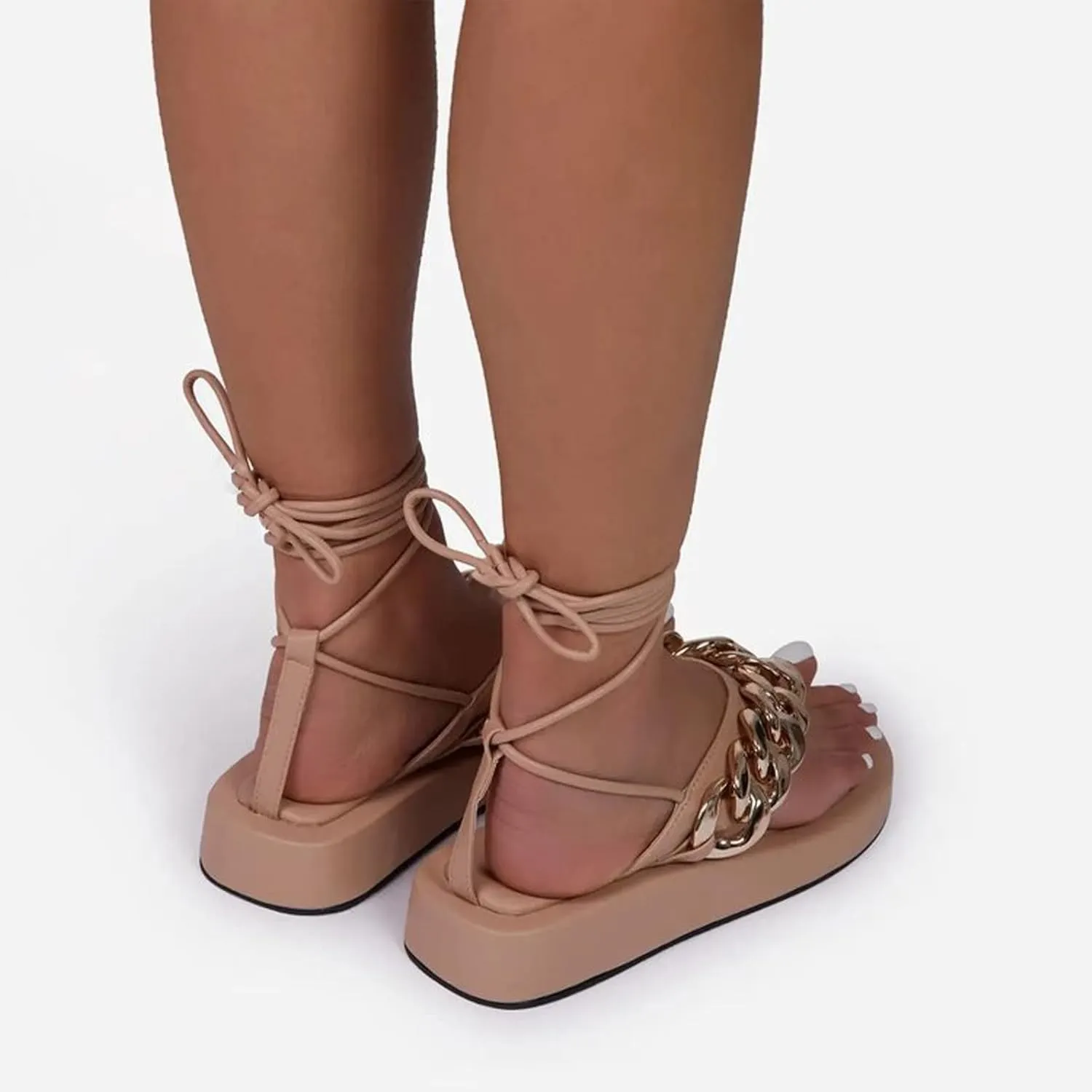Summer Beach T-Strap Sandals Trendy Women Chain-Linked Lace Up Low Heel Wedge Flats Soft Walking Footwear