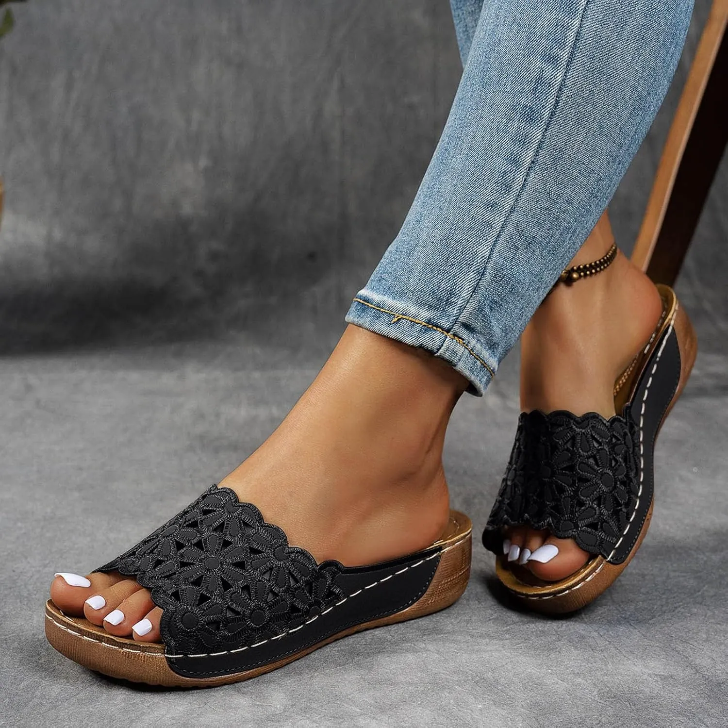 Summer Sandals for Women 2025 Orthopedic Wedge Sandal,Flowers Open Toe Boho Beach Platform Casual Walking Slip on Dress Comfort Casual Outdoor Shoes