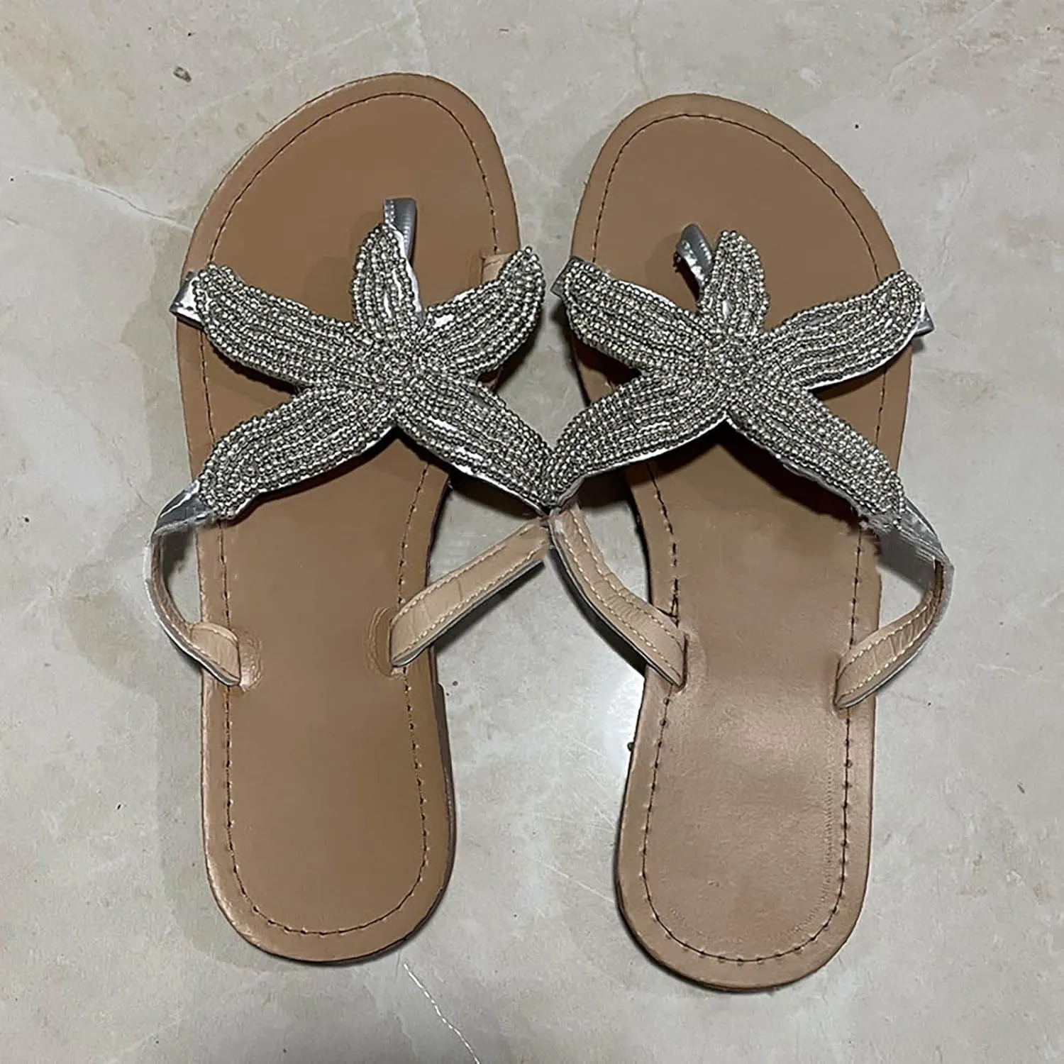 Summer Sunset Flip Flops for Women Trendy Beaded Starfish Flat Sandals Comfortable Flats Resort Wear Sandal