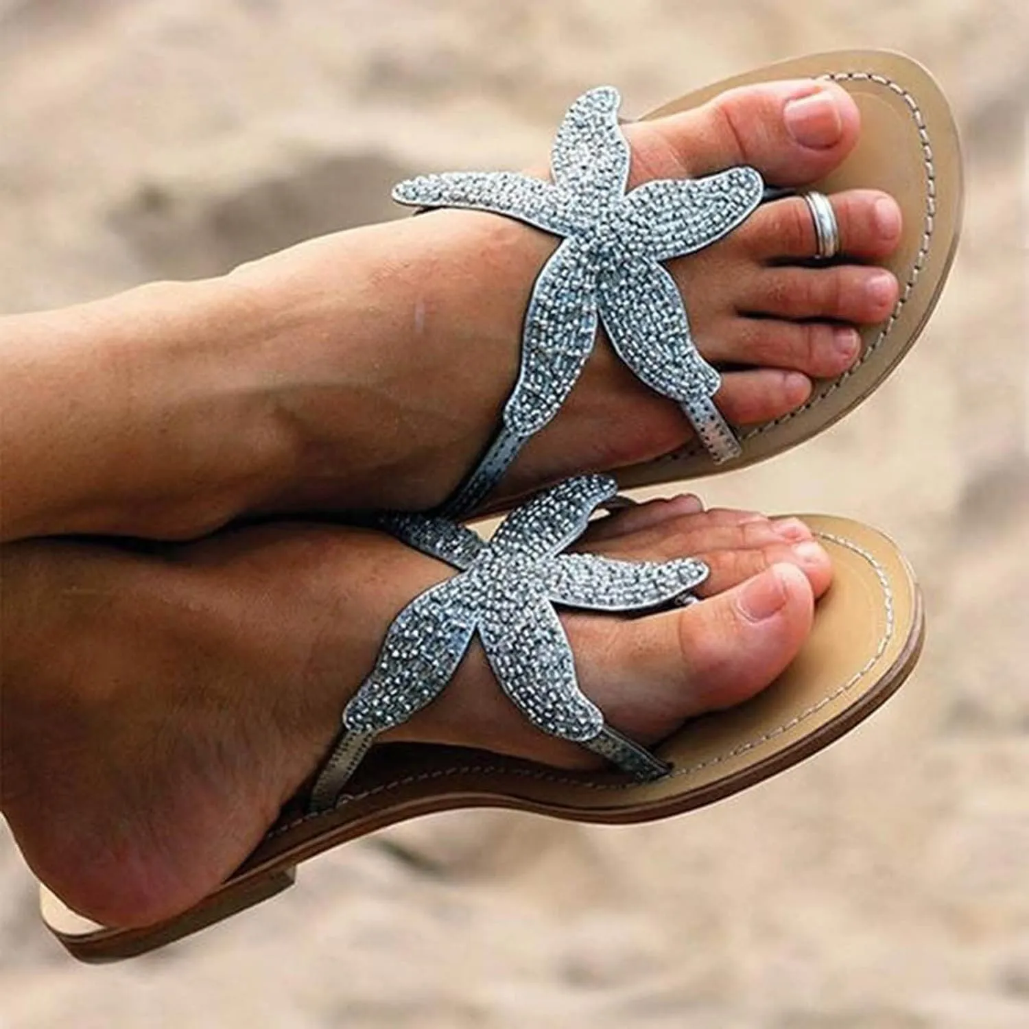 Summer Sunset Flip Flops for Women Trendy Beaded Starfish Flat Sandals Comfortable Flats Resort Wear Sandal