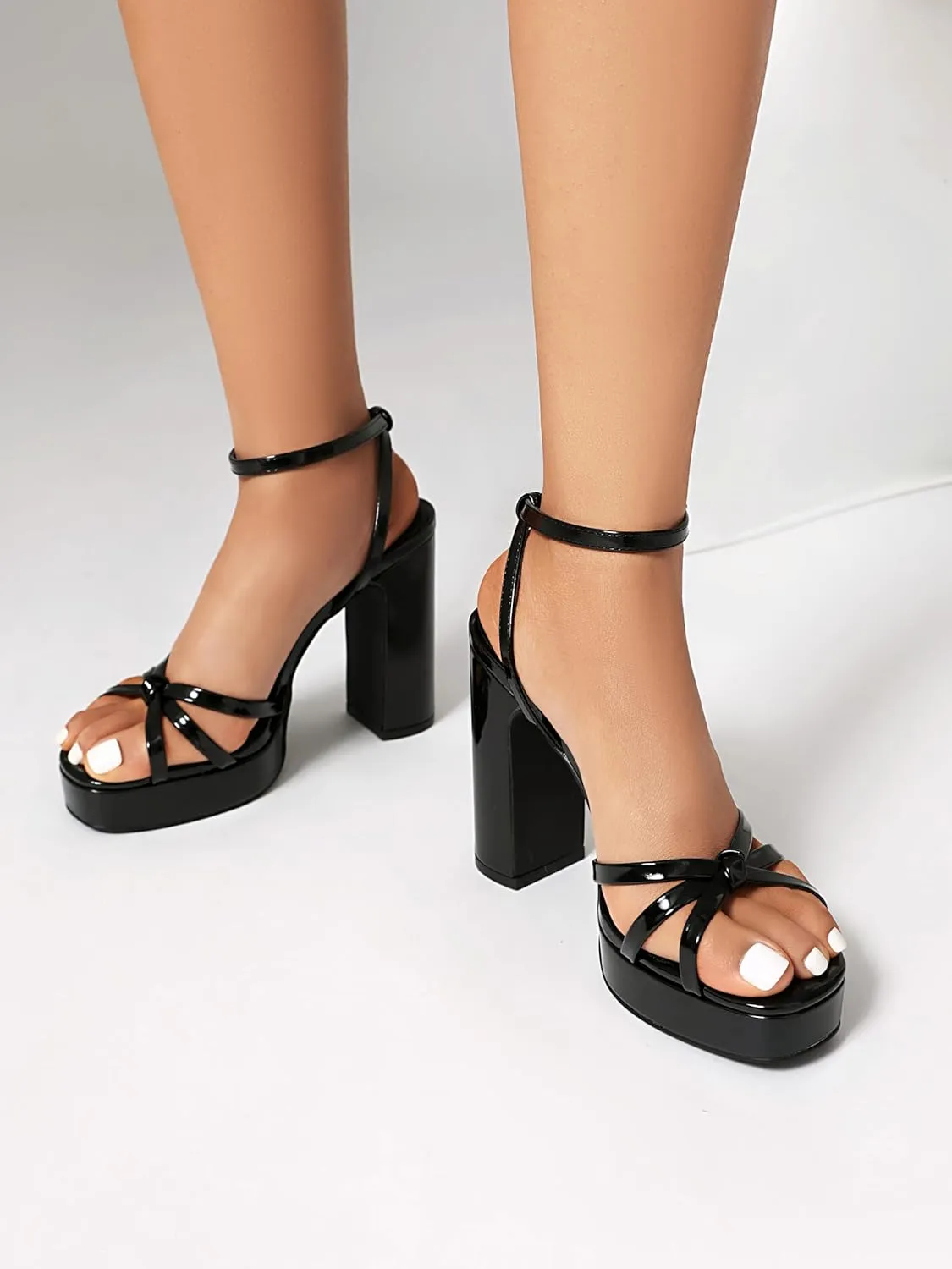 sun gurg Strappy Platform Heels for Women Square Open Toe Chunky High Heels Multicolored Ankle Strap Block Heeled Sandals for Prom Wedding Date Night