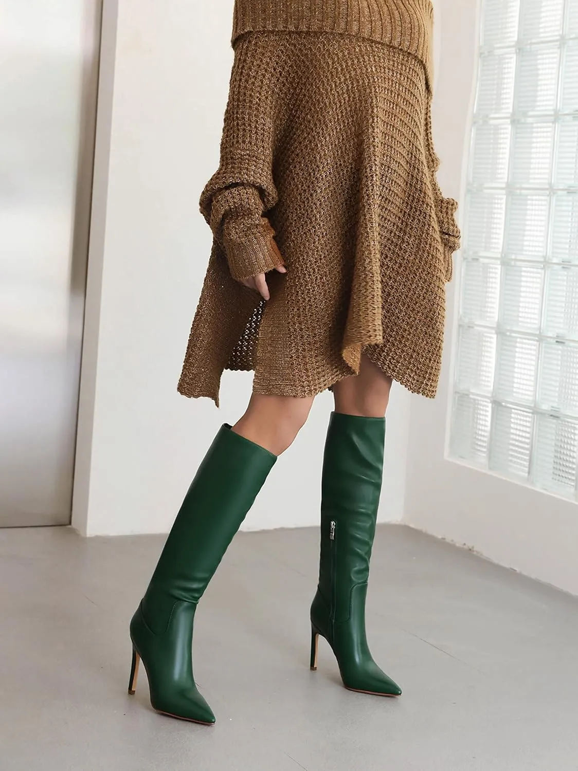 sun gurg Women's Knee High Boots Stiletto High Heels Sexy Zipper Knee Boots