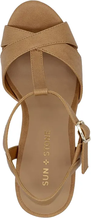 Sun   Stone Womens Jamie Faux Leather Strappy Heel Sandals Tan 10 Medium (B,M)