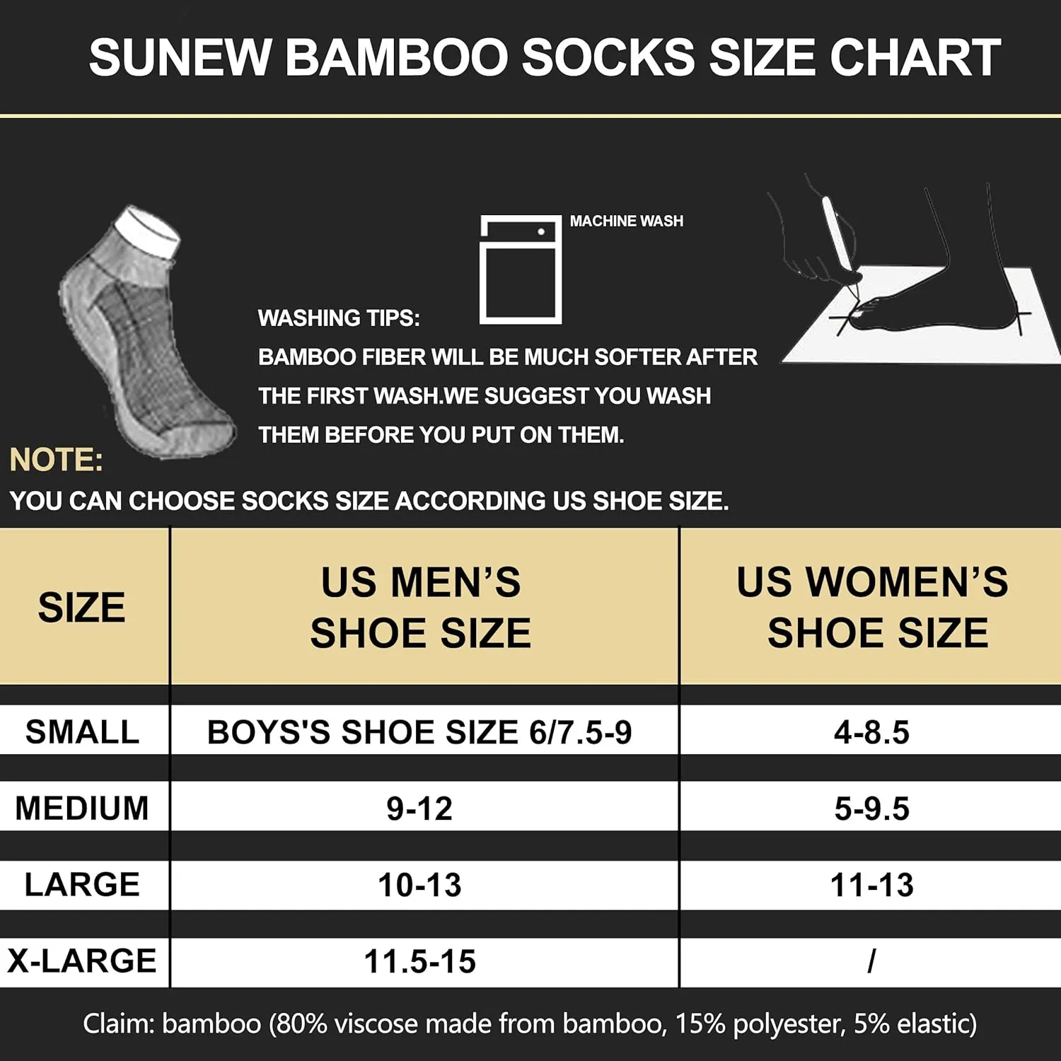 Sunew Viscose Bamboo Socks, Unisex Cushioned Comfortable Ankle Workout Hiking Golf Socks 6 Pairs