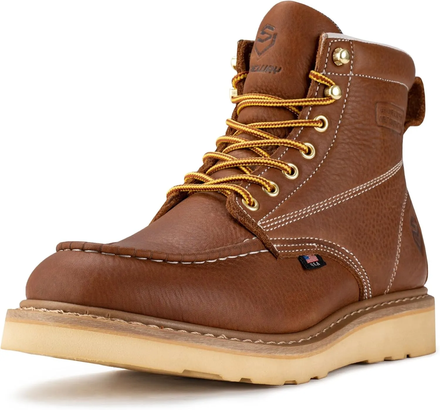 SUREWAY 6 in Mens Soft Toe Work Boots for Men-Full Grain Leather,Goodyear,Non-Slip EH Safety Industial Construction Wedge Moc Toe Work Boots/Shoes