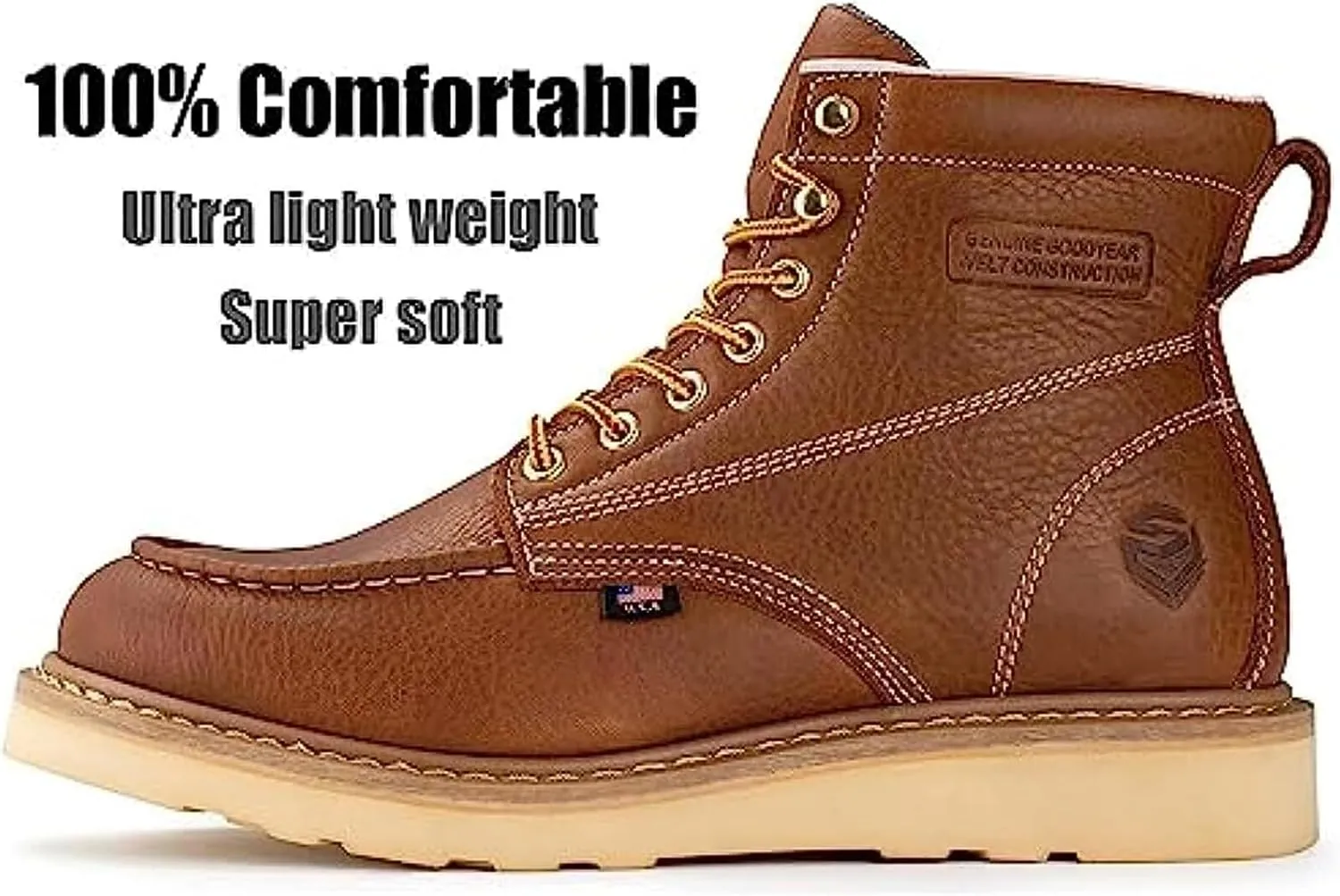 SUREWAY 6 in Mens Soft Toe Work Boots for Men-Full Grain Leather,Goodyear,Non-Slip EH Safety Industial Construction Wedge Moc Toe Work Boots/Shoes