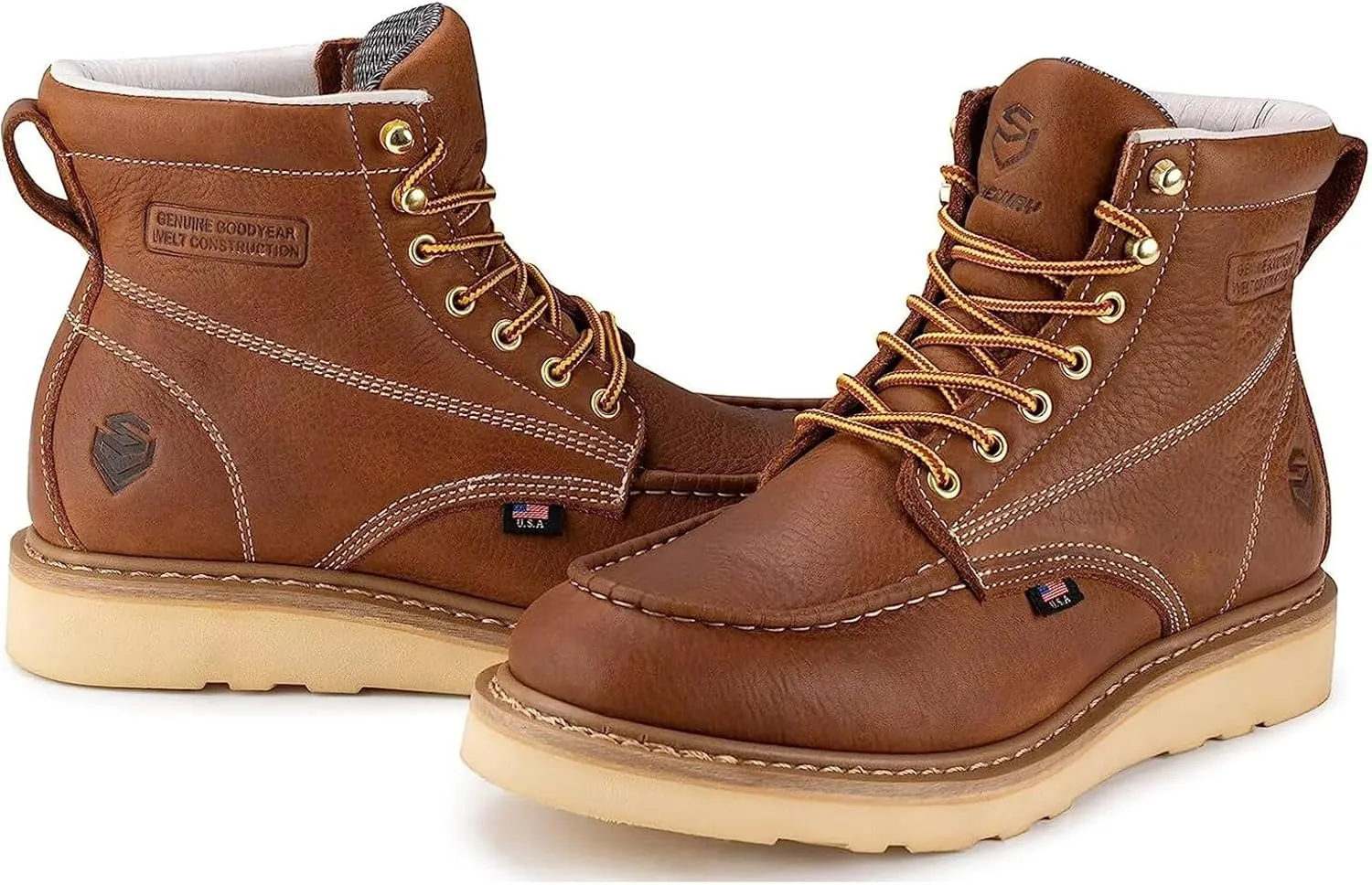 SUREWAY 6 in Mens Soft Toe Work Boots for Men-Full Grain Leather,Goodyear,Non-Slip EH Safety Industial Construction Wedge Moc Toe Work Boots/Shoes