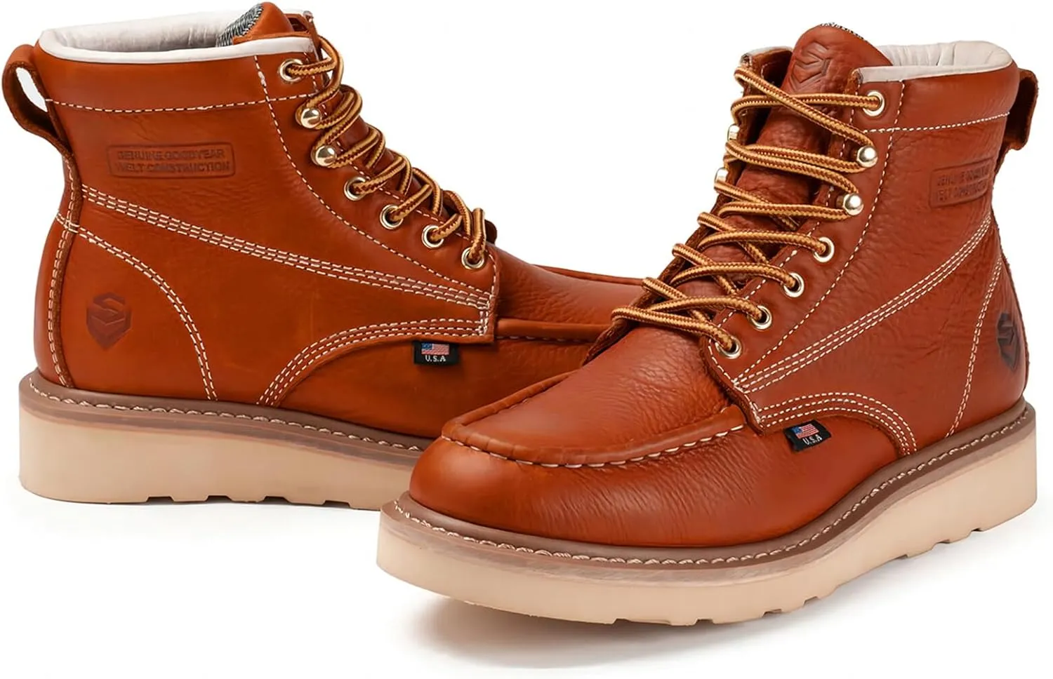 SUREWAY 6 in Mens Steel Toe Work Boots for Men-Full Grain Leather,Goodyear,Non-Slip EH Safety Industial Construction Wedge Moc Toe Work Boots/Shoes