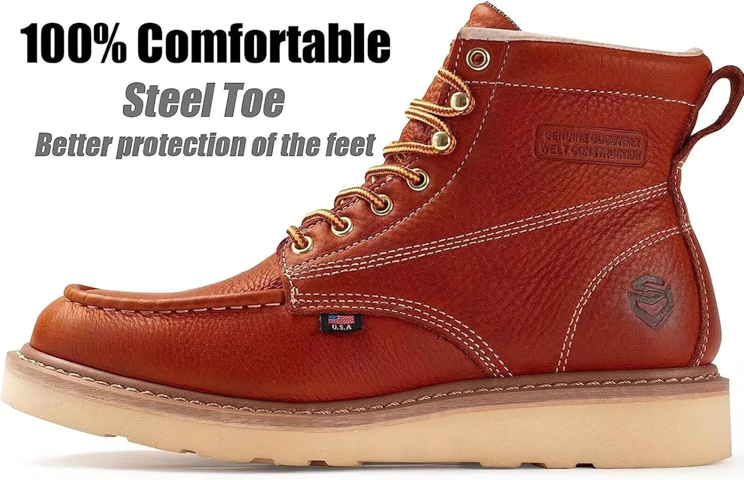 SUREWAY 6 in Mens Steel Toe Work Boots for Men-Full Grain Leather,Goodyear,Non-Slip EH Safety Industial Construction Wedge Moc Toe Work Boots/Shoes