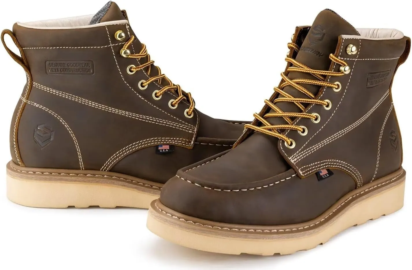 SUREWAY 6 in Mens Waterproof Soft Toe Work Boots for Men-Full Grain Leather,Goodyear,Non-Slip EH Safety Industial Construction Wedge Moc Toe Work Boots/Shoes