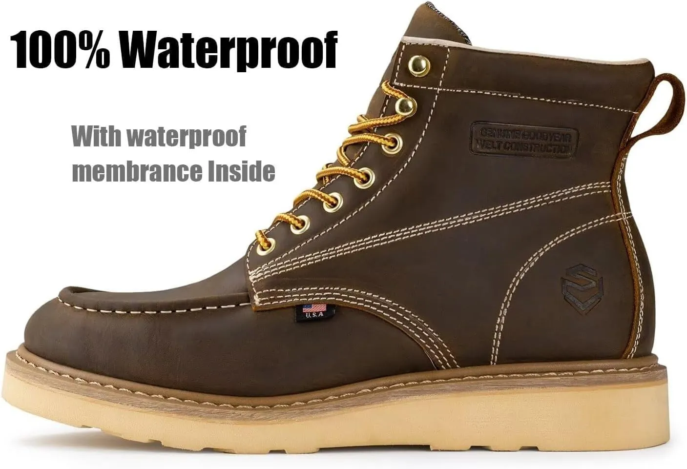 SUREWAY 6 in Mens Waterproof Soft Toe Work Boots for Men-Full Grain Leather,Goodyear,Non-Slip EH Safety Industial Construction Wedge Moc Toe Work Boots/Shoes