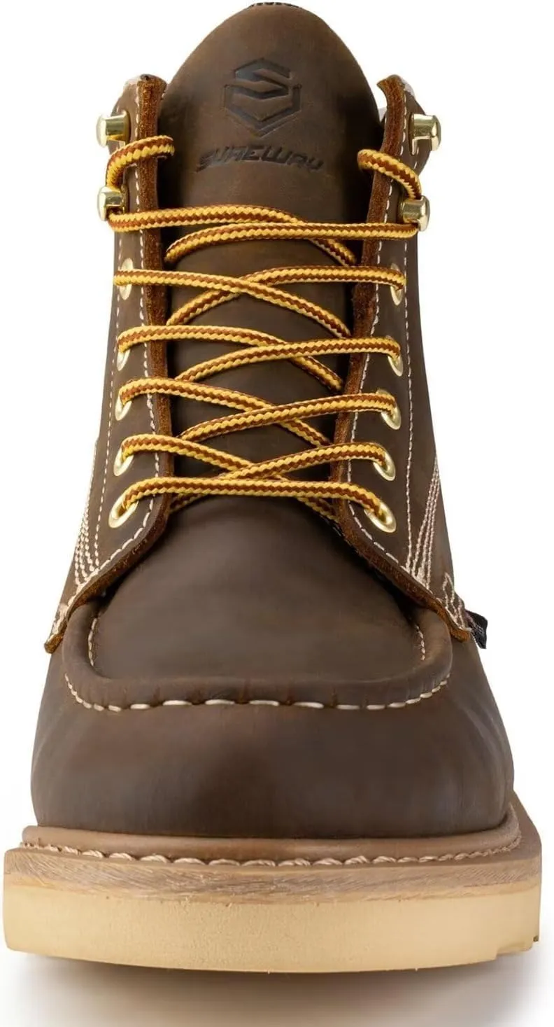 SUREWAY 6 in Mens Waterproof Soft Toe Work Boots for Men-Full Grain Leather,Goodyear,Non-Slip EH Safety Industial Construction Wedge Moc Toe Work Boots/Shoes