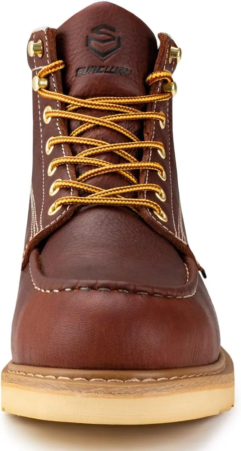 SUREWAY 6” Wedge Moc Toe Work Boots for Men - Soft Toe,Premium Full-Grain Leather,Lightweight Work Boots/Shoes,Comfort Insole,Oil/Slip Resistant,Real Goodyear,EH Rated Industrial Construction Boots
