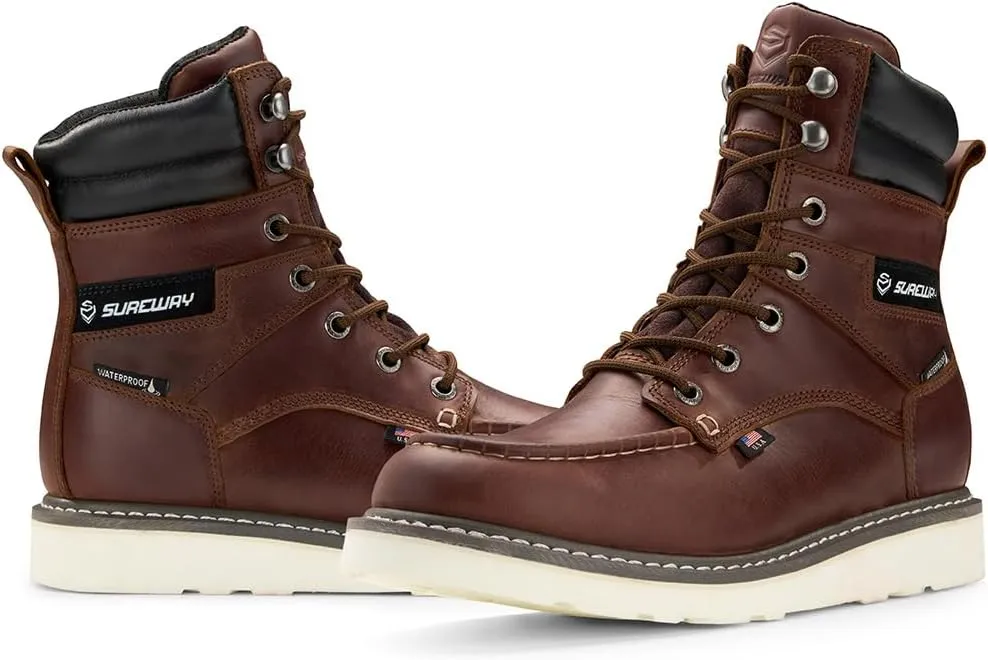 SUREWAY Men's 8" Waterproof Soft Toe Work Boots,Construction Industrial Safety Boot,Breathable Leather with Moc Toe,Slip Resistant Wedge Outsole and Comfort Insole,EH Rated,Lace Up,Goodyear Welt