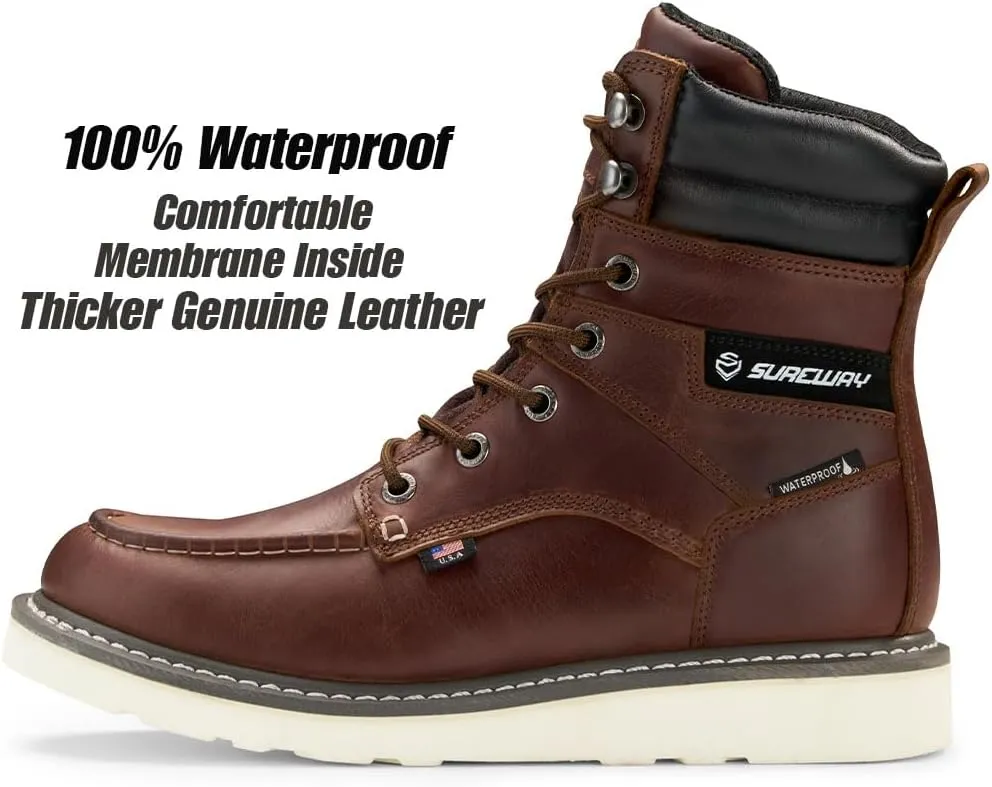 SUREWAY Men's 8" Waterproof Soft Toe Work Boots,Construction Industrial Safety Boot,Breathable Leather with Moc Toe,Slip Resistant Wedge Outsole and Comfort Insole,EH Rated,Lace Up,Goodyear Welt