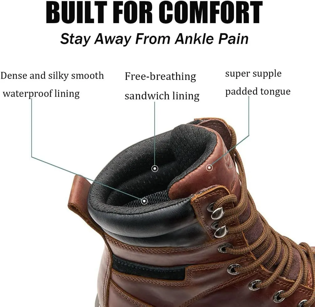 SUREWAY Men's 8" Waterproof Soft Toe Work Boots,Construction Industrial Safety Boot,Breathable Leather with Moc Toe,Slip Resistant Wedge Outsole and Comfort Insole,EH Rated,Lace Up,Goodyear Welt