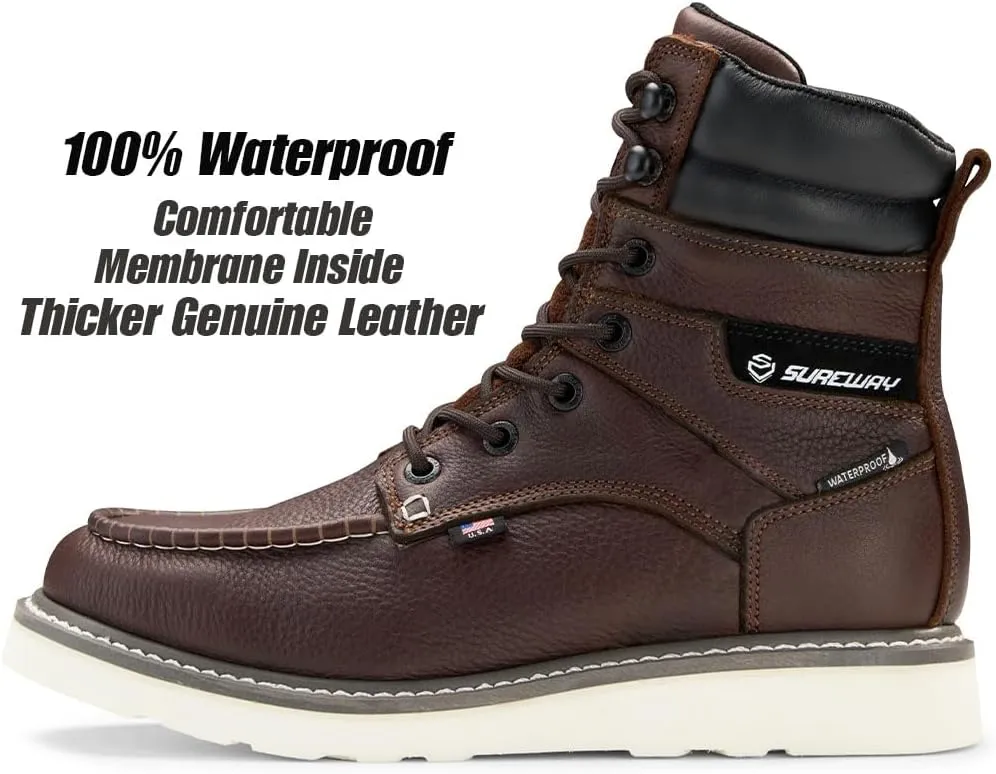 SUREWAY Men's 8" Waterproof Soft Toe Work Boots,Construction Industrial Safety Boot,Breathable Leather with Moc Toe,Slip Resistant Wedge Outsole and Comfort Insole,EH Rated,Lace Up,Goodyear Welt
