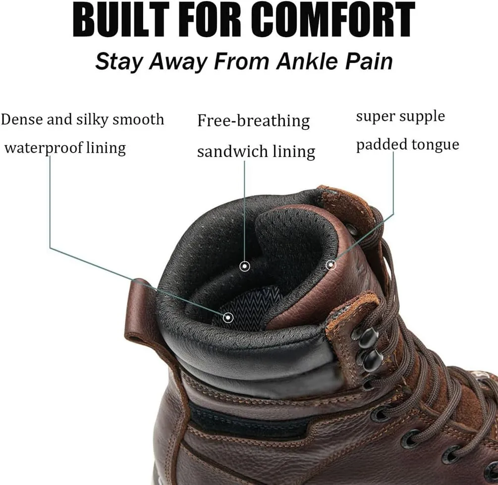 SUREWAY Men's 8" Waterproof Soft Toe Work Boots,Construction Industrial Safety Boot,Breathable Leather with Moc Toe,Slip Resistant Wedge Outsole and Comfort Insole,EH Rated,Lace Up,Goodyear Welt