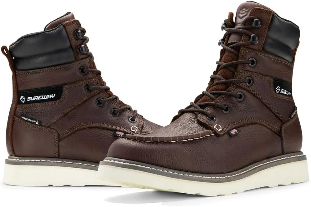 SUREWAY Men's 8" Waterproof Soft Toe Work Boots,Construction Industrial Safety Boot,Breathable Leather with Moc Toe,Slip Resistant Wedge Outsole and Comfort Insole,EH Rated,Lace Up,Goodyear Welt