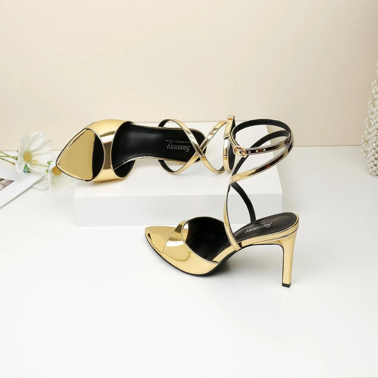 Susanny High Heels for Women Pointed Open Toe Strappy Chunky Block Heels Ankle Strap Stiletto Kitten Heeled Sandals Wedding Bridal Party Prom Sexy Dress Shoes
